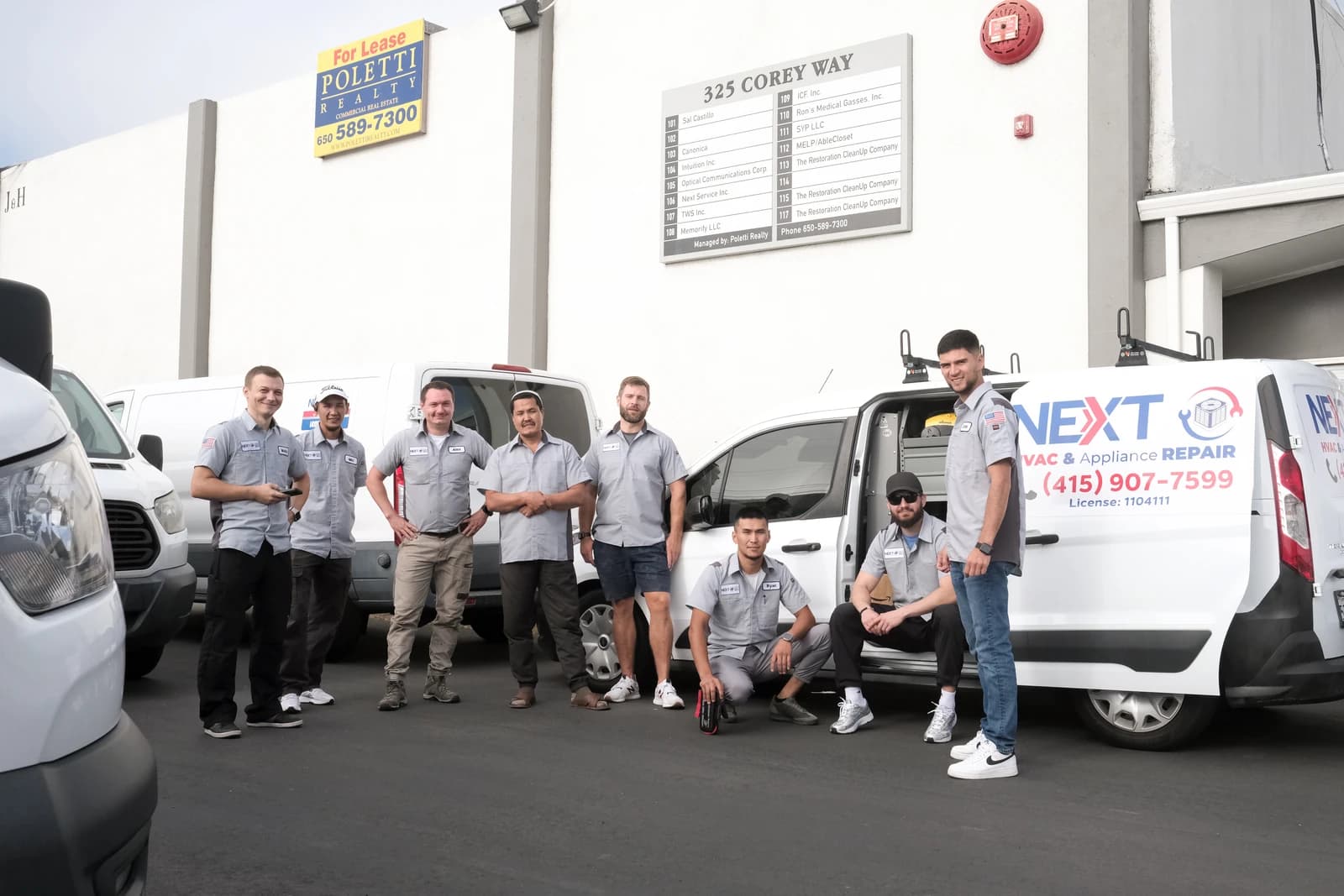 Next HVAC service vans and technicians outside the South San Francisco shop